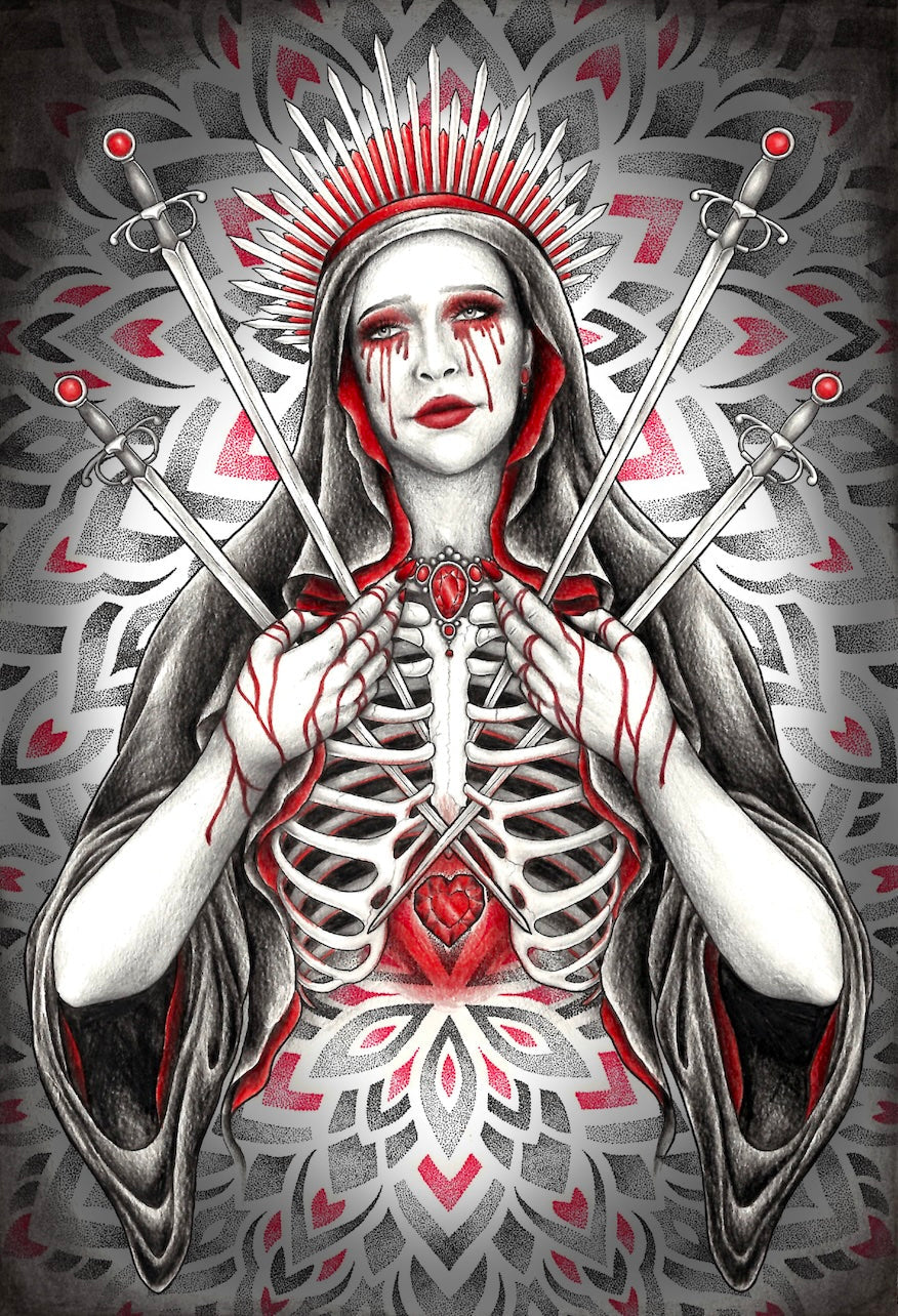 art print of woman with swords and mandalas