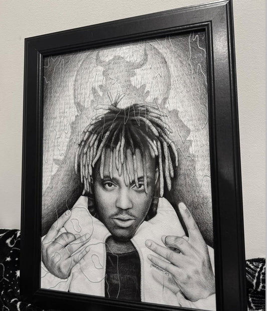 large wood framed sketch of rapper juice wrld