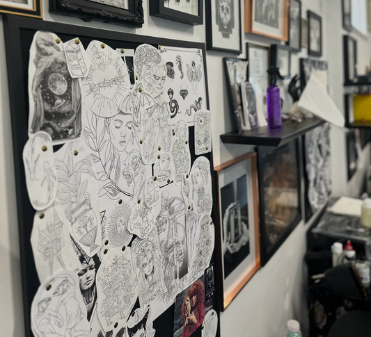 wall of tattoo flash art