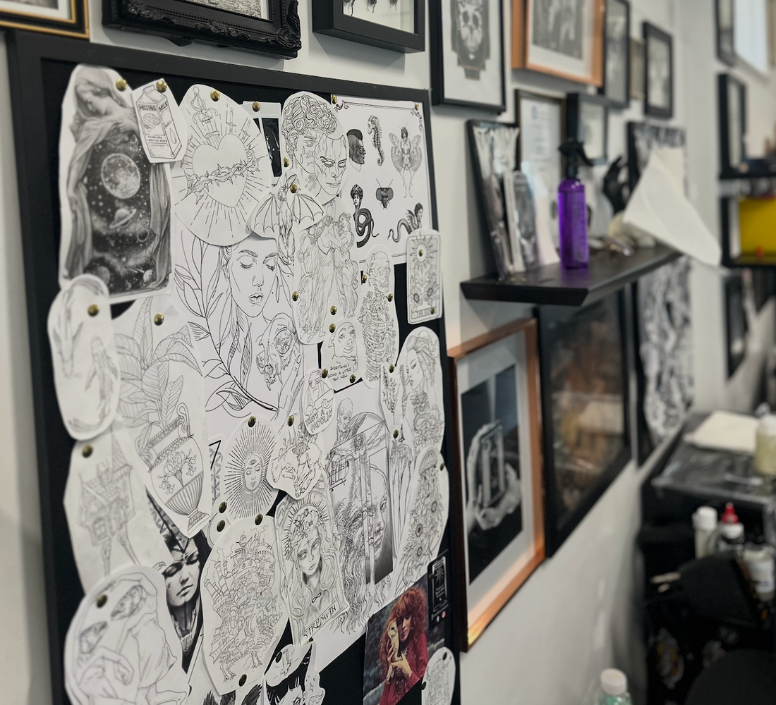 wall of tattoo flash art